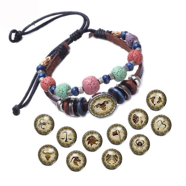 

colorful stone beaded bracelets 12 constellation 18mm snap buttons leather stretch bangles for women & men jewelry, Golden;silver