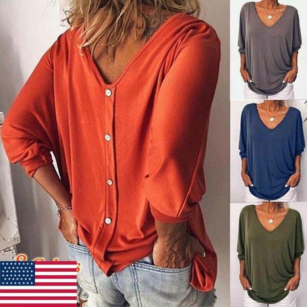 

women's t-shirt womens plus size spring summer loose 3/4 sleeve back buttons casual t shirts v neck solid top, White