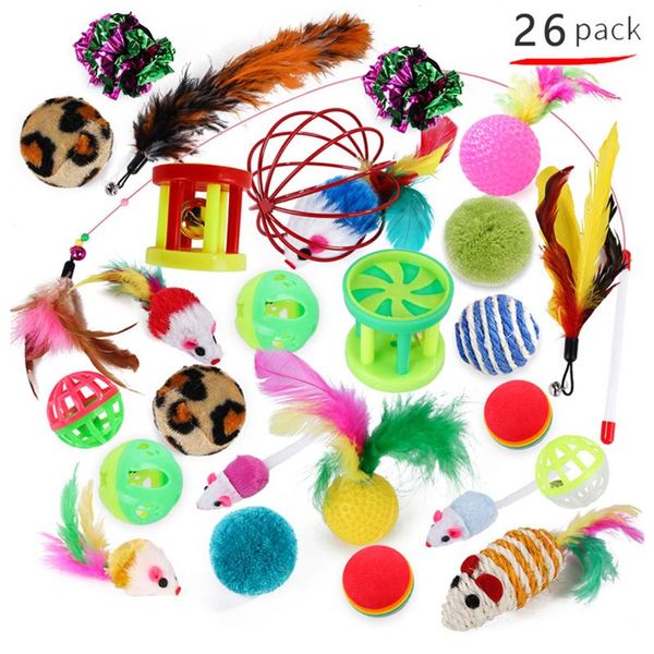 

cat toys set interactive catcher teaser toy wand & plush mouse fuzzy ball feather strip mylar balls