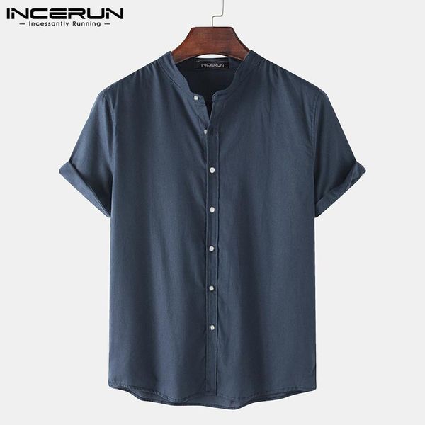 

men's casual shirts incerun 2021 fashion comfortable short sleeve blouse cotton and linen stand-up collar short-sleeved shirt s-3xl, White;black