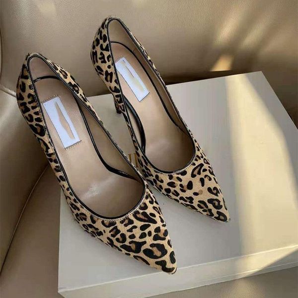 

dress shoes high heels pointed toe stiletto shallow mouth leopard print horsehair leather handmade ladies single 41s, Black