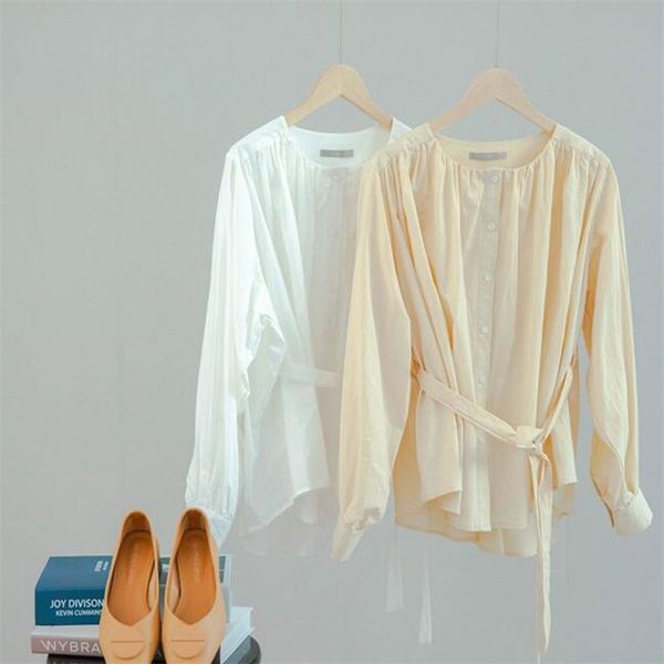 

white cotton and blouses korean long sleeve cute shirts lolita sweet round neck women 210421