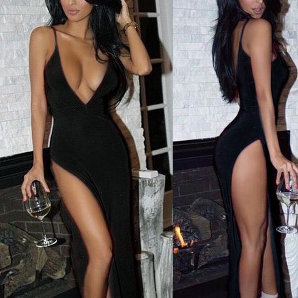 

deep plunge dress clubwear women open chest high thigh split spaghetti strap sukienka low cut bare, Black;gray