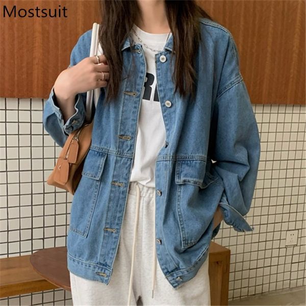 

cool girl blue denim coat jacket women single breasted pockets fashion loose vintage high street female femme 210514, Black;brown
