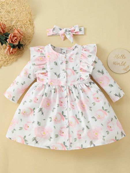 

baby floral print ruffle trim dress with headband she, Red;yellow