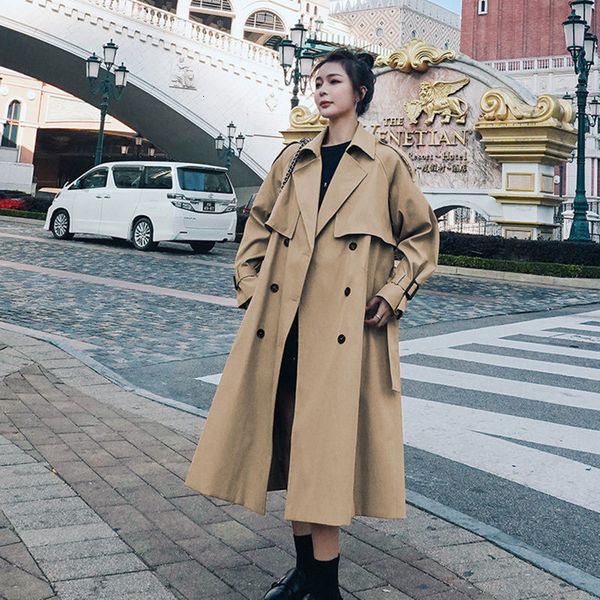 

women's trench coats smartull female trench coat long, casual autumn and spring coat, double-breasted khaki belt, office-released jacke, Tan;black