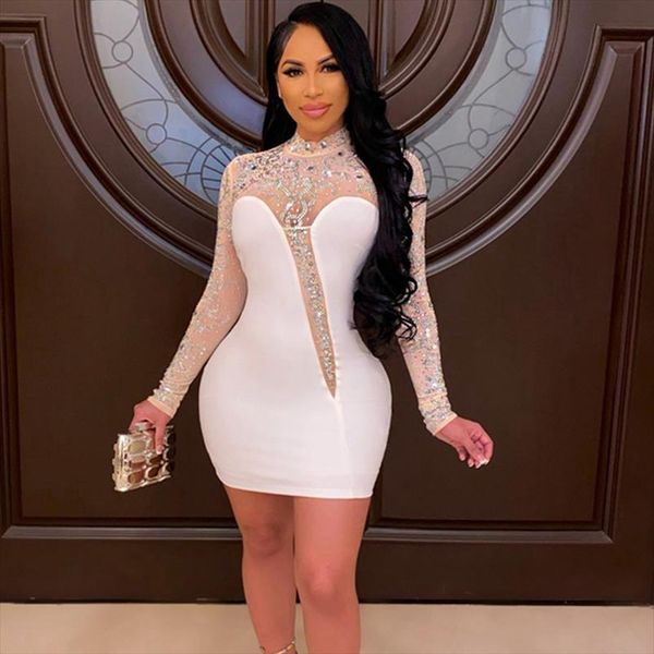 

long sleeve party women dress mini elegant rhinestone patchwork mesh short bodycon night club birthday, Black;gray