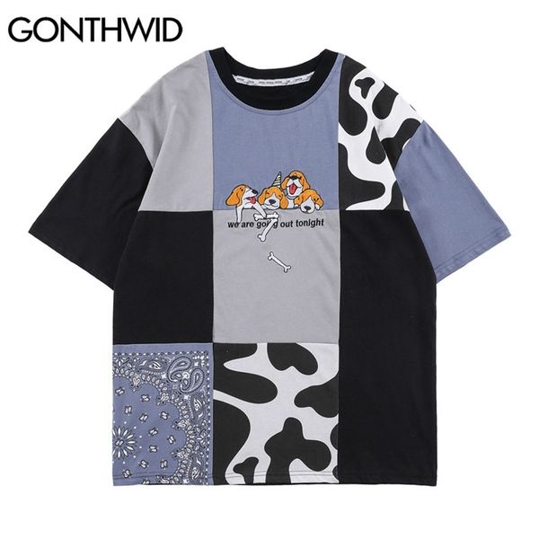 

tshirts streetwear funny embroidery dogs color block patchwork tees shirts harajuku fashion cotton loose casual 210602, White;black