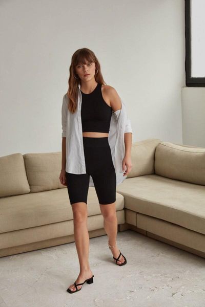 

women's leggings black high waist ribbed biker tights vtk21-tyt02