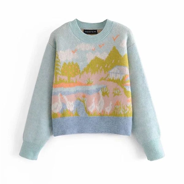 

women fashion sweet candy colors cute pattern sweater female round neck long sleeve pullover chic 210520, White