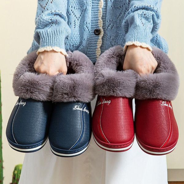 

western style ladies cotton slippers home winter household warm couple thick bottom anti-slip plush fur slides women shoes men, Black