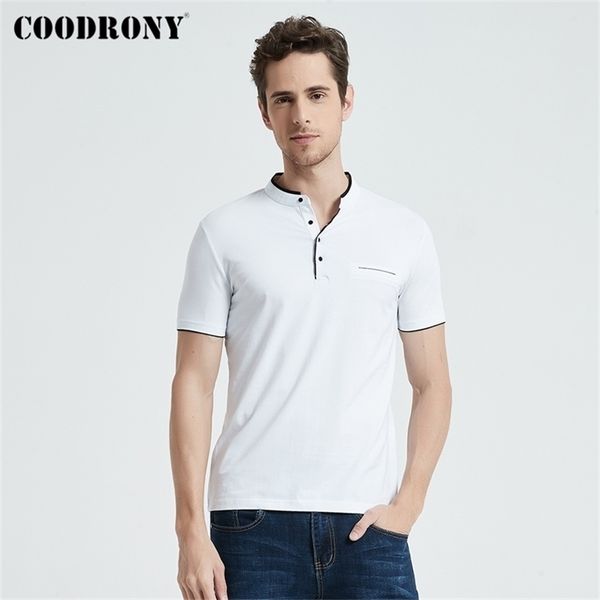 

coodrony mandarin collar short sleeve tee shirt men spring summer brand clothing slim fit cotton t-shirts s7645 210716, White;black