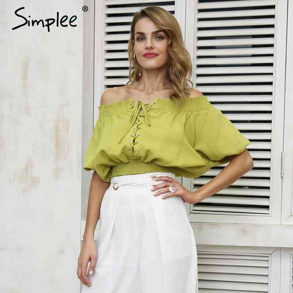 

casual off shoulder solid crop lace up short sleeve backless blouse shirt femme streetwear elastic summer 210414, White