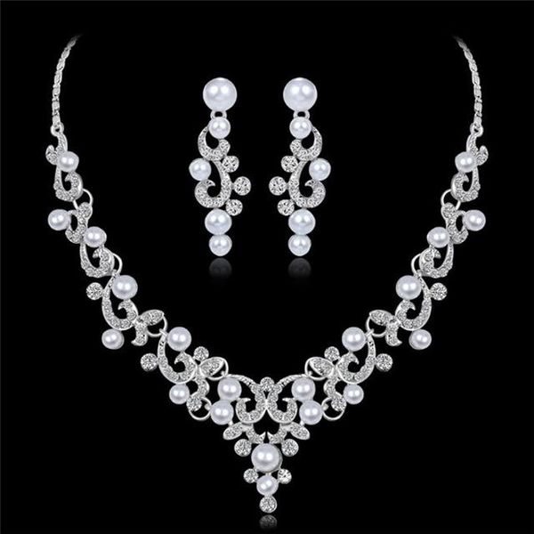

earrings & necklace 1set fashion rhinestone faux pearl women bride jewelry set gift, Silver