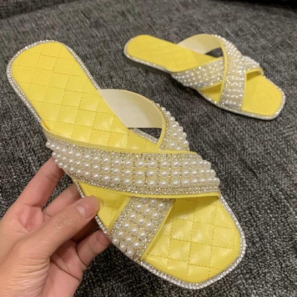

slippers zawsthia 2021 yellow blue woman's outside casual flats shoes lady slides with pearls big size 33-46 women mules, Black