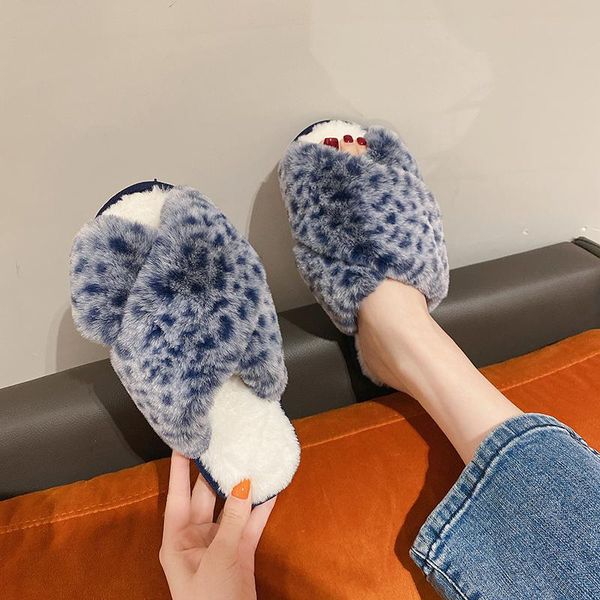 

slippers leopard home cotton shoes women flip flop 2021 flops round toe short plush winter keep warm slides female, Black