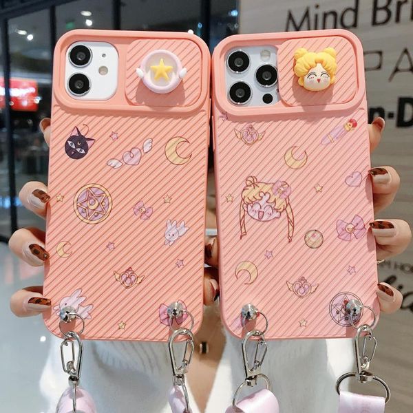 

card holders cartoon beautiful girl suitable for apple 12promax sliding lens iphonex diagonal with lanyard 7plus silicone, Brown;gray