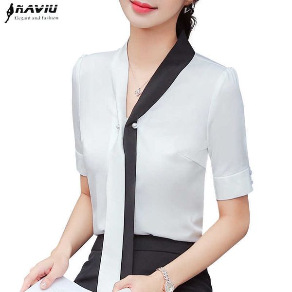 

naviu summer elegant women v neck shirt ol fashion patchwork tie short sleeve chiffon blouses office ladies plus size work 210604, White