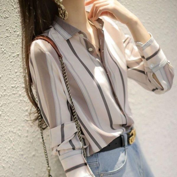 

women's blouses & shirts 2021 spring and summer striped shirt long sleeve chiffon with korean loose bottoming top, White