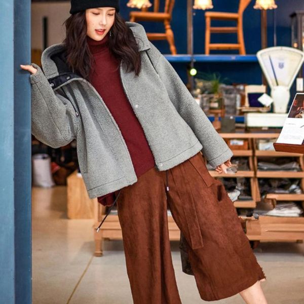 

women's fur & faux winter jacket lamb coats fashion hooded patchwork fake female long sleeve loose wild outwear l1657 nohq, Black