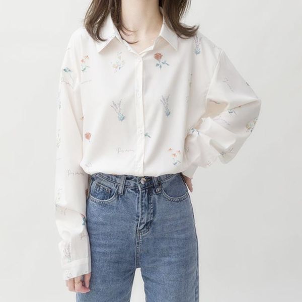 

women's blouses & shirts women simple designer elegant chiffon shirt floral pattern chic trendy all match ulzzang ladies leisure, White