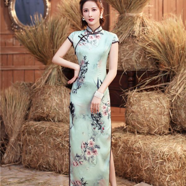 

summer mandarin collar slim flower printed qipao chinese short sleeve long cheongsam split satin lady banquet dress, Red