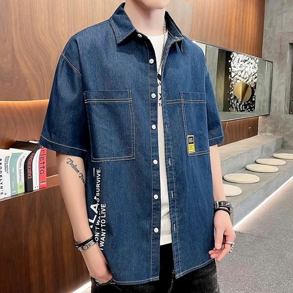

short summer sleeve denim shirt ins korean fashion brand 5 men's trend loose and versatile casual bf 123, White;black