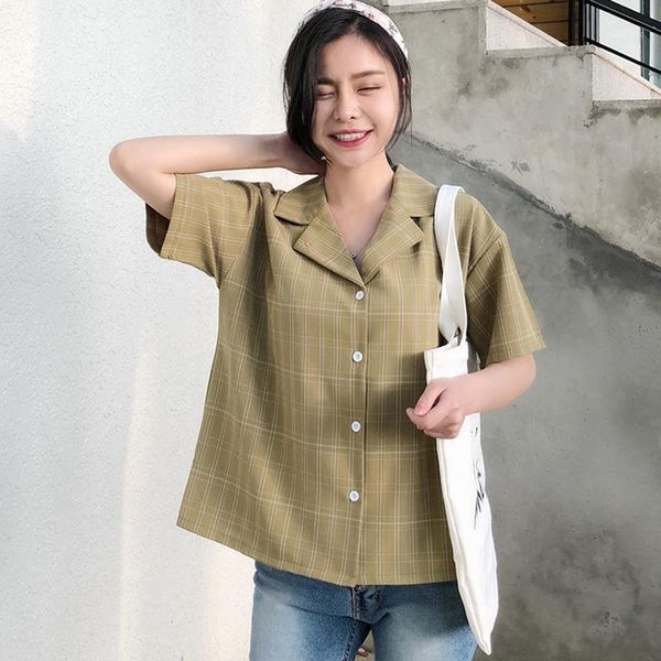 

women summer green red plaid cotton v neck short sleeve blouse female plus size casual shirt haut femme kimono roupas, White