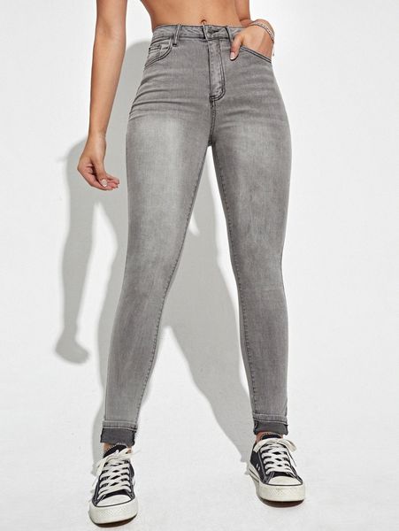 

solid zipper fly skinny jeans 811b#, Blue