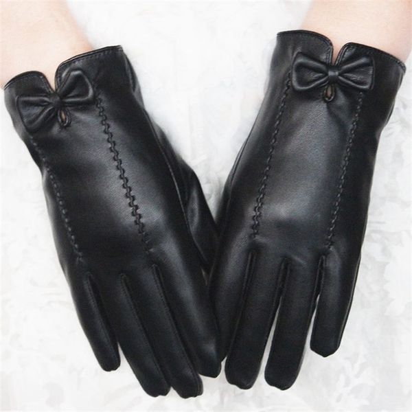 

autumn and winter new women's touch screen leather gloves bow velvet cold proof outdoor driving riding, Black