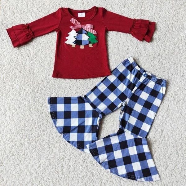 Giyim Setleri Toptan Çocuk Butik Giysi Nakış Üç Noel Ağaçları Kırmızı Fırfır Kollu Bebek Kız Kıyafet Ekose Çanlar Pantolon Set