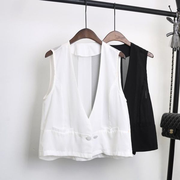 

women's vests 2021 summer chiffon women waistcoat loose thin outside cardigan blouse, Black;white