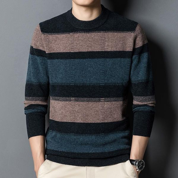 

men's sweaters autumn and winter 100% pure wool sweater pullover striped cashmere loose casual knitted bottoming shirt, White;black