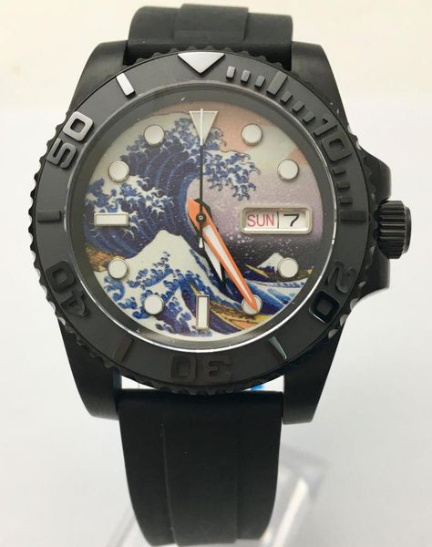 

wristwatches 40mm japan nh35 watch week calendar display kanagawa strong luminous dial sapphire glass automatic men rubber strap, Slivery;brown