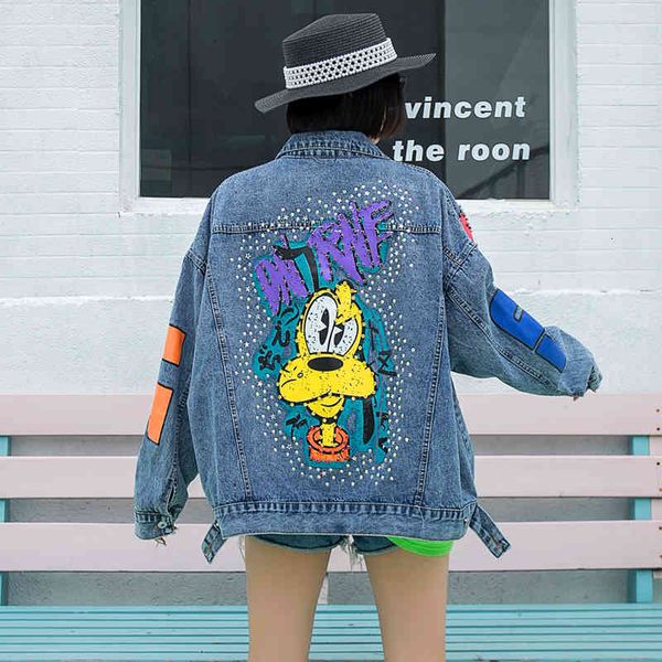 

ladies jeans station europe heavy cartoon industry denim female jacket loose work done with casual tools tide in shirt, Black;brown