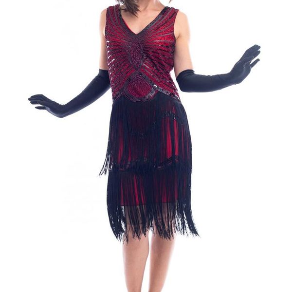 

casual dresses 1920s gatsby retro vintage plus size sequins beaded long fringe art deco roaring party 20s flapper dress for women, Black;gray