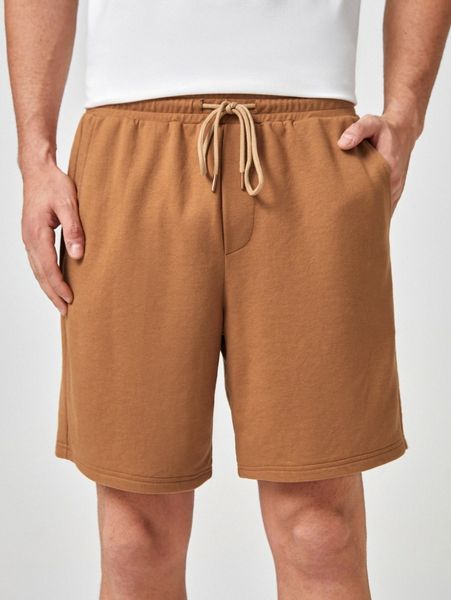 

men slant pockets drawstring waist shorts 12es#, Black