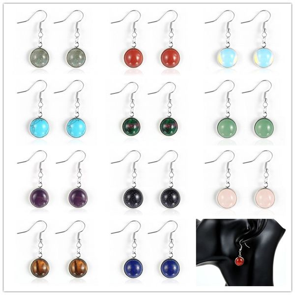 

12mm women turquoises rose crystal quartz tiger eye opal stone charms dangling earrings amethysts hanging earring hoop fashion simple jewelr, Golden