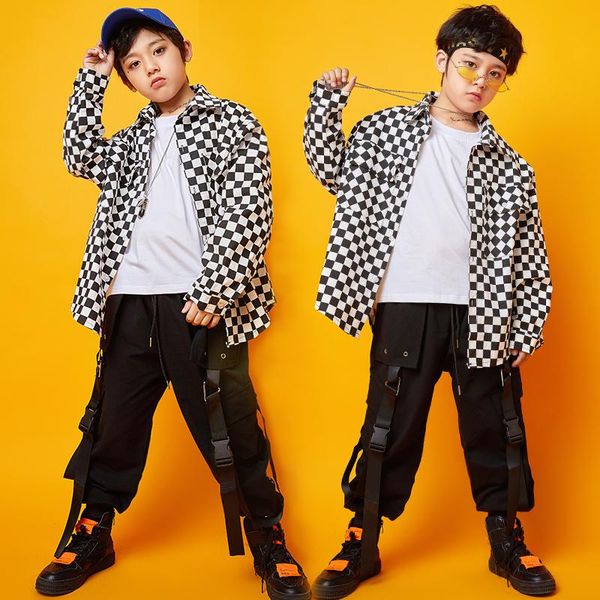 

stage wear boys lattice shirts long sleeves fashion cargo pants for kids hip hop dance costume drum jazz performance outfits bl6867, Black;red