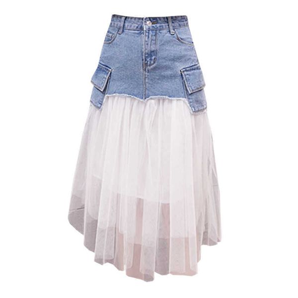 

perhaps u blue denim mesh patchwork knee length empire high street a line skirt pocket summer s0197 210529, Black