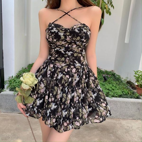 

casual dresses french floral sling dress women chic backless summer bodycon mini beach strap sundress fashion vestidos robe femme, Black;gray