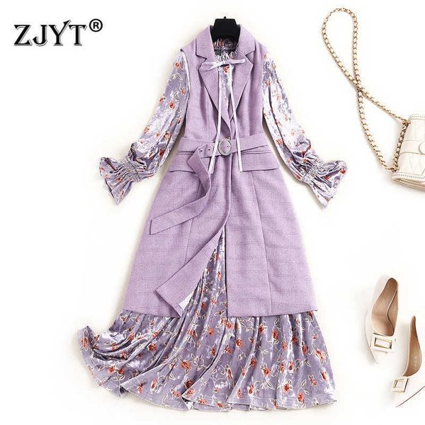 

autumn fashion lady office suit turn down collar solid vest and print midi velvet dress two piece vestidos women 210601, Black;gray