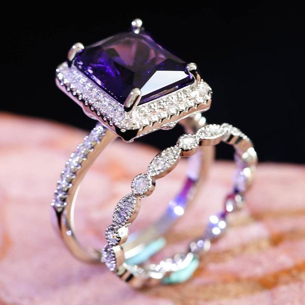 

2pcs/set luxury women's wedding rings large purple square stone crystal engagement party couple jewelry accessories gift, Slivery;golden