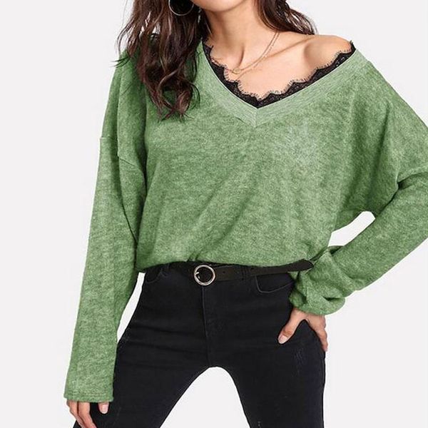 

women's sweaters soft thicken winter pullovers women knitted full sleeve patchwork lace v-neck pullover sweater female, White;black