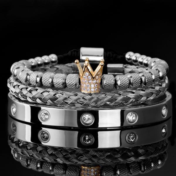 

bangle 3pcs/set luxury micro pave cz crown roman royal charm men bracelets stainless steel crystals bangles couple handmade jewelry gift, Black