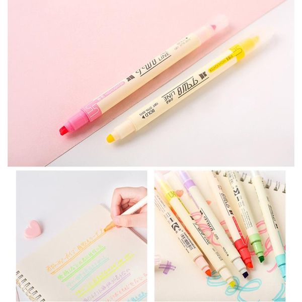 

highlighters 12pcs/set double head fluorescent highlighter pen markers pastel drawing for student school office supplies cute stationery, Black;red