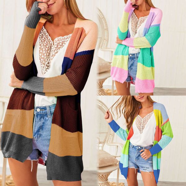 

women's sweaters 2021 color rainbow stitching cardigan coat, White;black