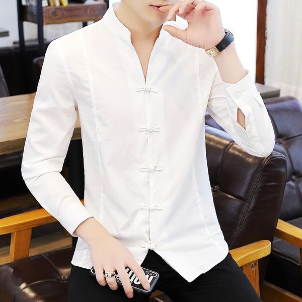 

men's casual shirts long sleeve vintage chinese style white black shirt stand collar tang spring autumn h36
