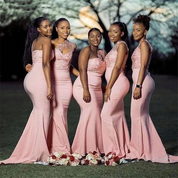 

2022 elegant country pink mermaid bridesmaids dresses one shoulder with crystal satin full length south africanplus size prom evening party, White;pink