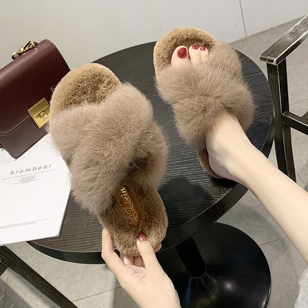 

ins net red 2021 autumn and winter fur slippers for women's outer wear home household plus velvet casual shoes, Black